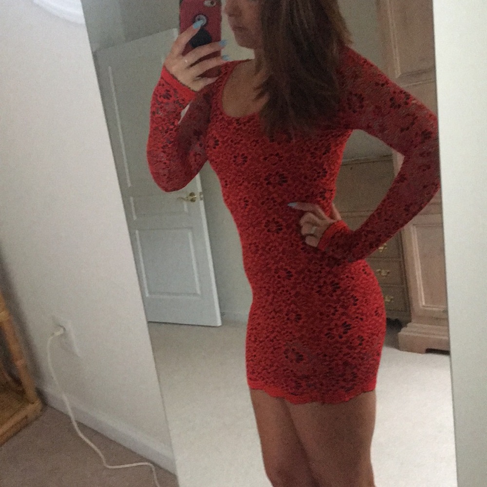 Red floral lace dress